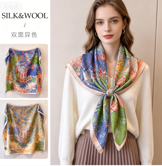 Double sided printed silk scarf for women